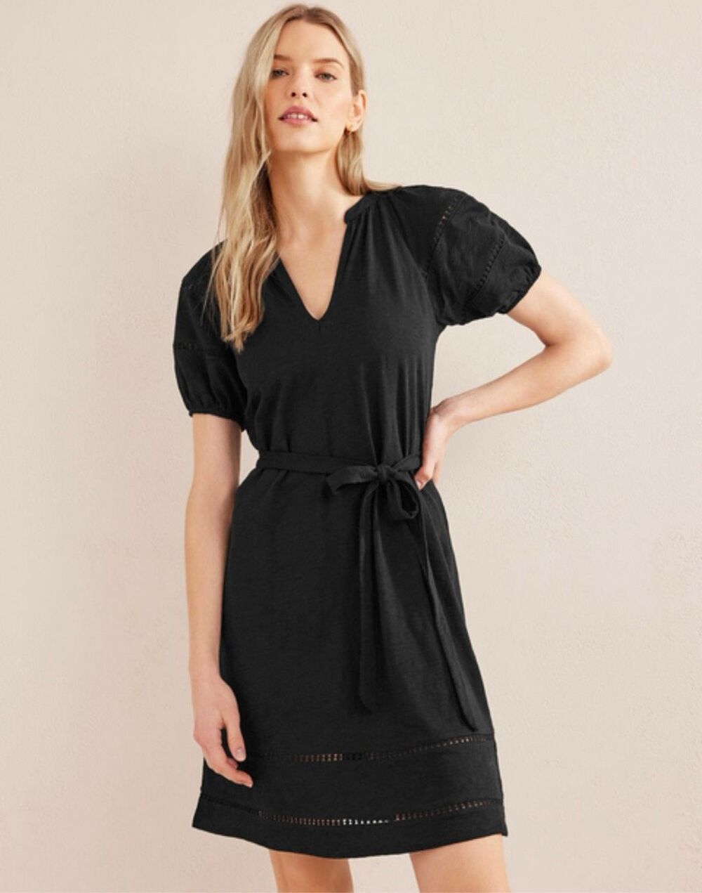 Boden Trim Detail Jersey Mini Dress Black Women’s 14R Short Sleeve Cotton Boho